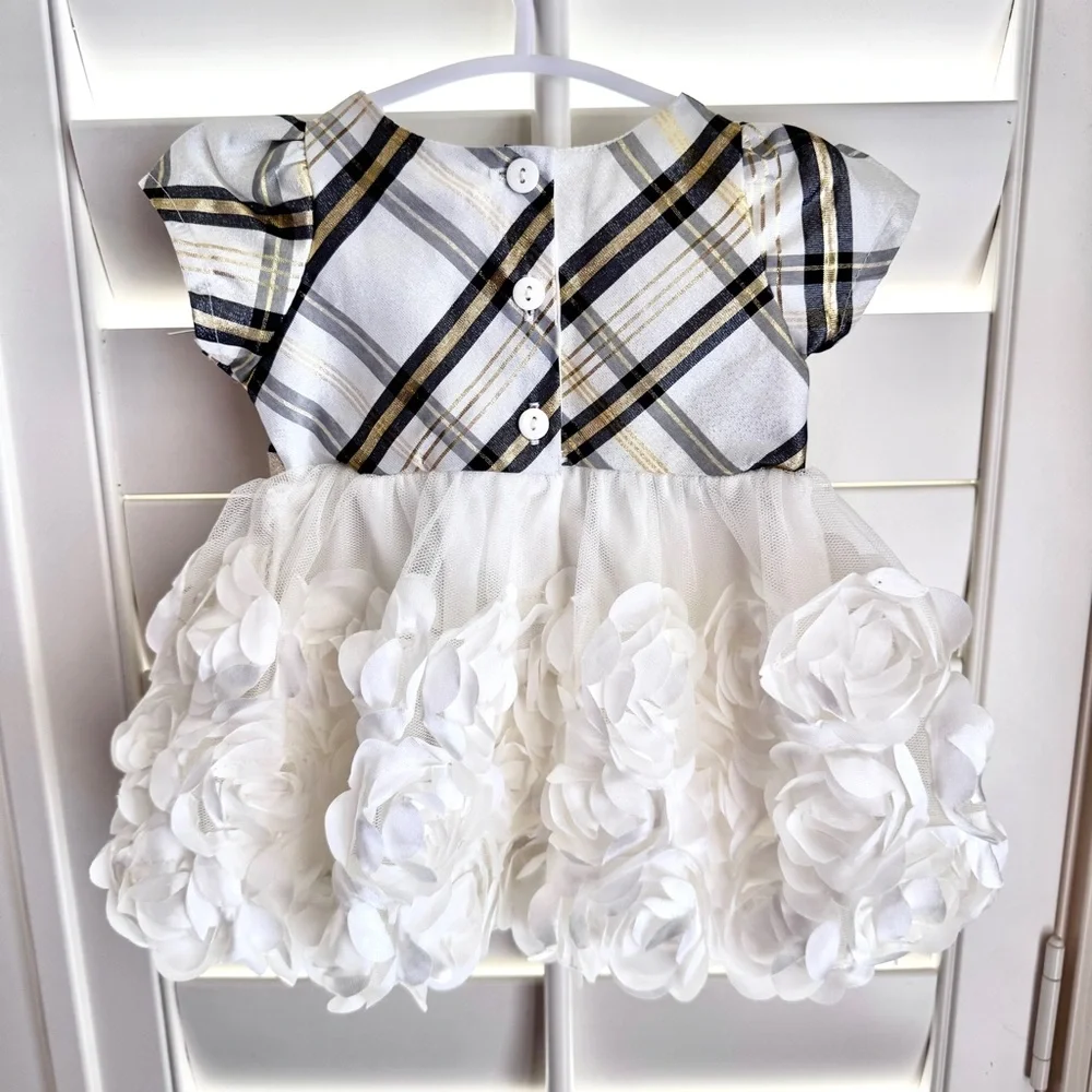 Nannette Baby Girl Holiday Plaid Rosette Party Dress Metallic Gold White 0/3M